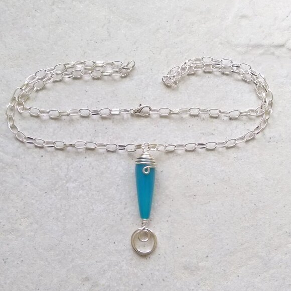Hand Crafted Jewelry - Aqua Blue! Long Agate Teardrop Gemstone Pendant + Chain! Beachy Coastal Grandma